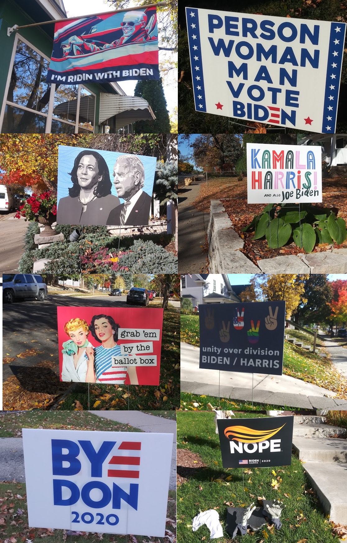A collection of pro-Biden signs,
including a hand-painted portrait of Biden/Harris, one that says 'I'm ridin' with Biden,' and one that says 'grab 'em by the 
ballot box'