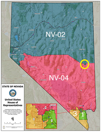 The northern portion of Nevada is NV-02
and the central and southern portion is NV-04, and on the border between them, close to the eastern border, there is a small but clear
notch that appears to be designed to incorporate some specific group or piece of land