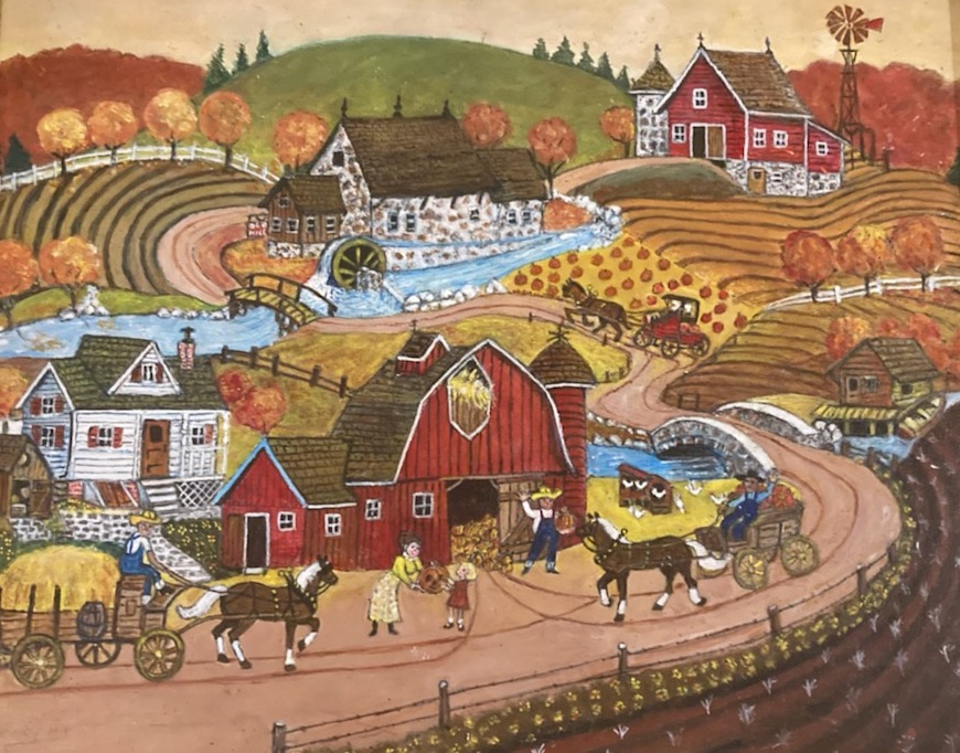A rural scene with several 
farmhouses, a well-traveled dirt road, and several horse-drawn carts loaded with hay
