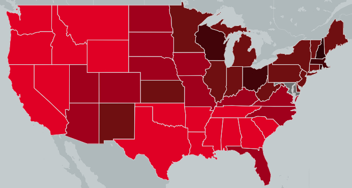 The light red states are on the Pacific coast,
the Mountain States, and the Deep South. There is a belt of darker red states that runs from Arizona/New Mexico thought the Midwest, and up
to the mid-Atlantic and New England states. Florida is also in this group. Maryland is gray because they have not reported data this week.