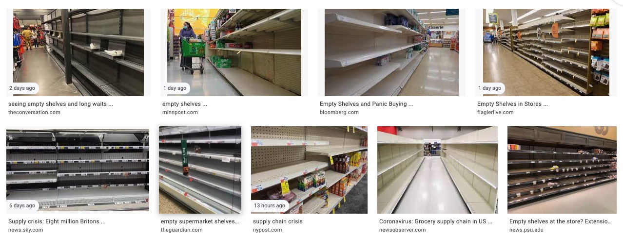 eight images of empty shelves;
the chosen image is the second one in the second row of four, accompanied by a link from The Guardian.