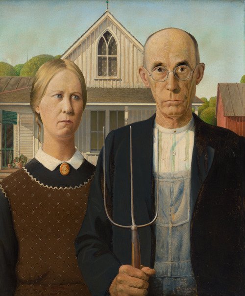 American gothic, which shows a bald man and
his apparent 'wife' in a pastoral farm scene