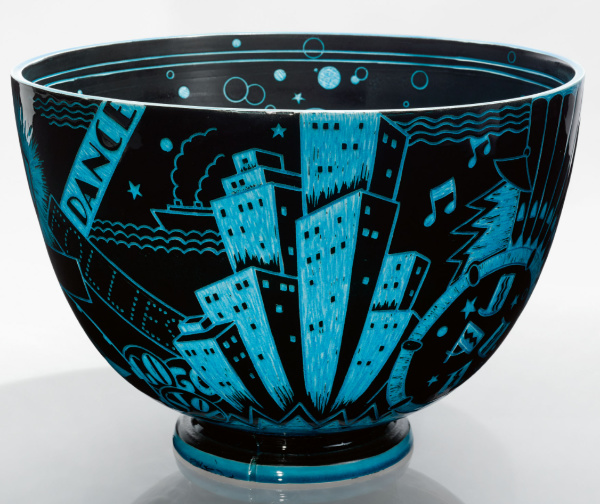 A black cereal-size bowl with a dark 
blue design that suggests the New York skyline