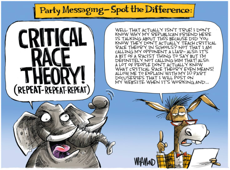 An angry-looking elephant shouts
'CRITICAL RACE THEORY' and then underneath that it says 'repeat, repeat, repeat,' while a bookish-looking donkey blathers on 
in a largely incoherent monologue about CRT.