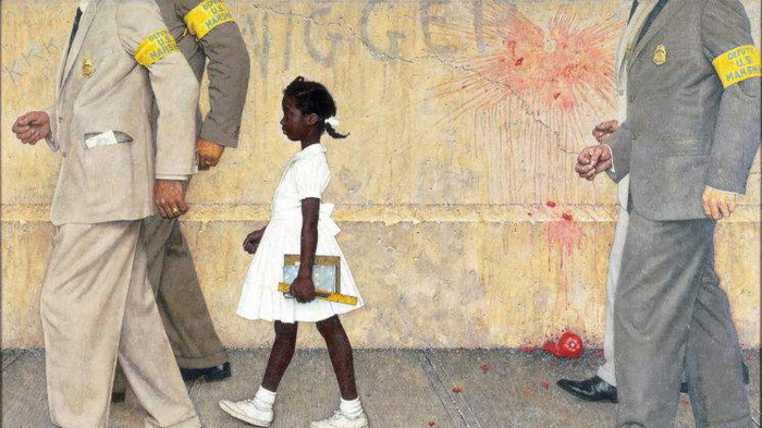 A young Black girl is escorted to school by 
four adults; the word 'nigger' is scrawled on the wall behind her