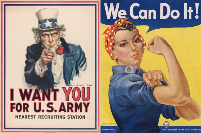 WWI 'Uncle Sam wants you' poster and WWII 'Rosie the 
Riveter' poster