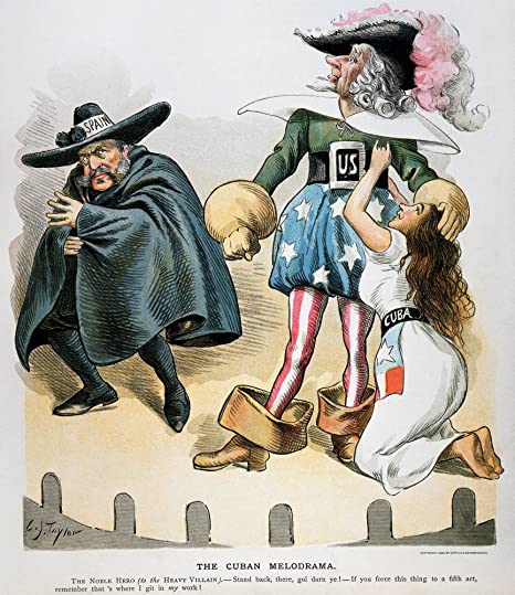 The 1898 cartoon, from
'Puck' magazine, references the elements of a melodrama, with Spain as the mustachioed villain, the U.S.
as the hero, and Cuba as the damsel in distress.