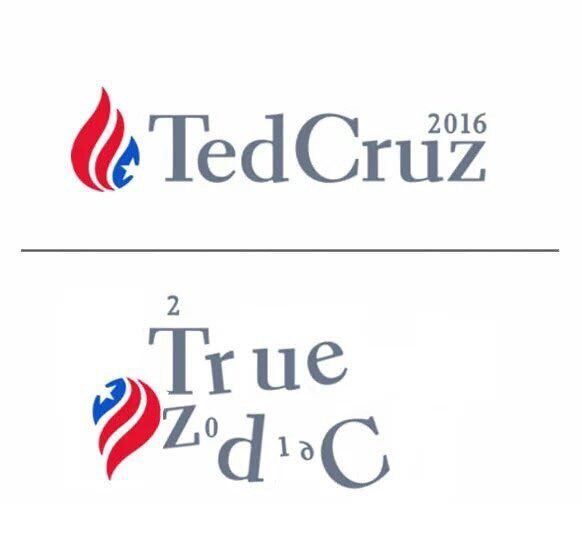 A Ted Cruz 2016 has been cut up 
and reassembled to say 'True Zodiac,' with the 0, 1, and 6 from '2016' serving as the O, I, and A in 'Zodiac.'