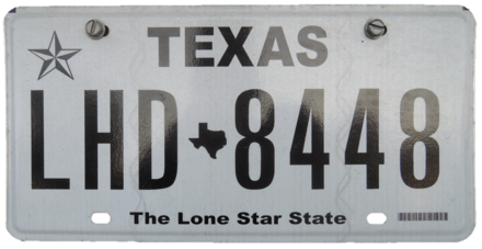 There is the name of the state, a silhouette of the state,
a Texas Ranger star, and the motto 'Don't mess with Texas' on the Texas state license plate.