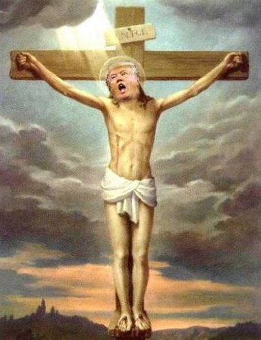 Donald Trump's head on Jesus'
body, on the cross
