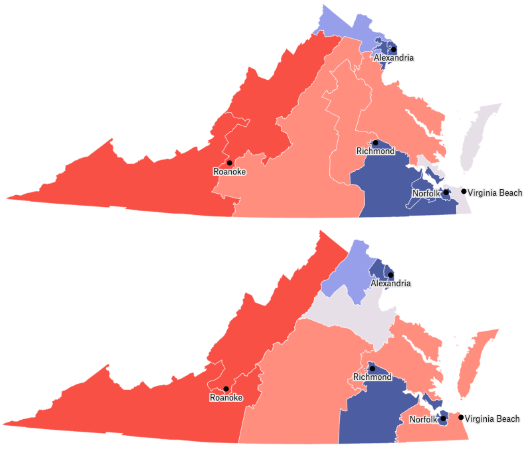 In both maps, the state is very red along the western boundary
with West Virginia, and is somewhat red in the middle. On the old map, there was a light blue area in the north, a small dark blue area in the extreme northeast
centered on Alexandria, a large dark blue area in the southwest centered on Richmond and Norfolk, and a gray swing area along the southeastern coast and centered on
Virginia Beach. On the new map, there's still a light blue area in the north and a dark blue area around Alexandria in the northeast. However, there is now a large,
gray swing district below those where it was previously light red. On the other hand, while Richmond and Norfolk are still dark blue, the Virginia Beach district
that used to be gray and swingy is now light red.