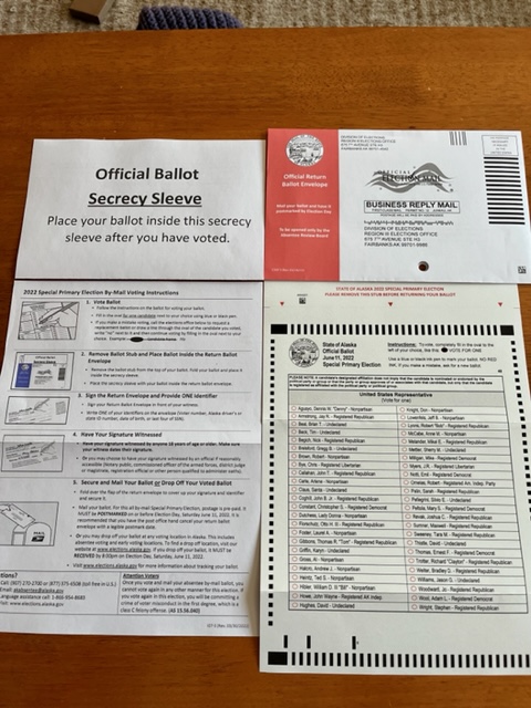 An envelope, secrecy sleeve, long list of
instructions, and a ballot with a very long list of candidates