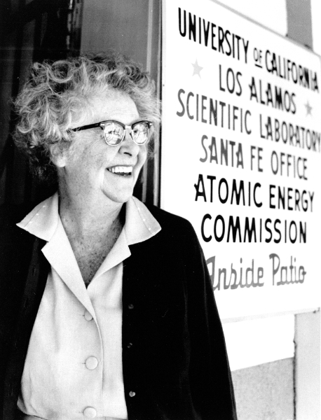 It's from the 1940s or 1950s and
shows a sign that says 'University of California Los Alamos Scientific Laboratory Santa Fe Office Atomic Energy Commission