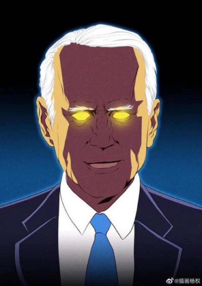 Biden with glowing yellow eyes and an evil grin