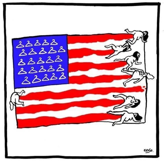 An American flag, except the stars
are coat hangers and the stripes are made from blood that has clearly emerged from the vaginas of badly-injured pregnant
women who are crawling across the flag