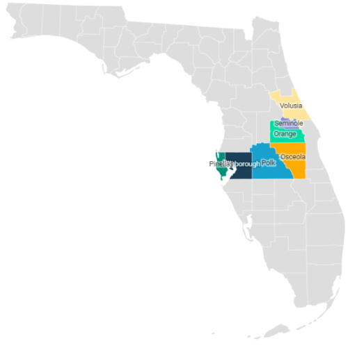Volusia is farthest north, and is
the only one that is on the Atlantic coast; the others form an L that terminates on the other side of the state, with 
Pinellas being the last in line, and hte only one that is on the Gulf coast.