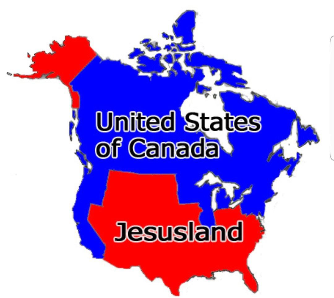 Canada and the blue states are blue and are lumped
together as 'United States of Canada' while the red states are lumped together as 'Jesusland'