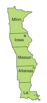 A map that shows Minnesota, Iowa, Missouri, Arkansas and Louisiana