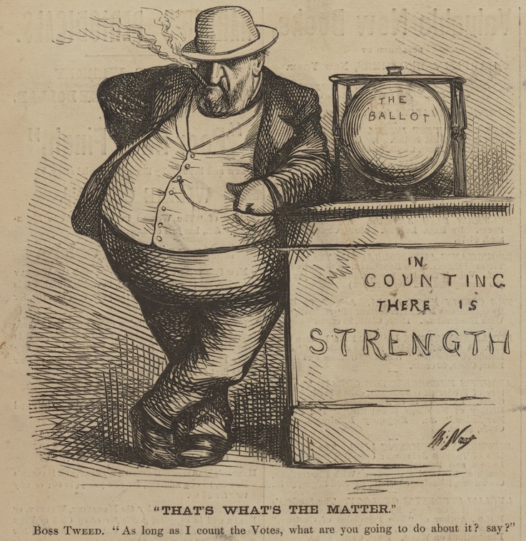 The cartoon shows a shady-looking
Tweed standing next to a ballot box that says 'In counting there is strength!' It has the caption: 'As long as I count the Votes, 
what are you going to do about it?'