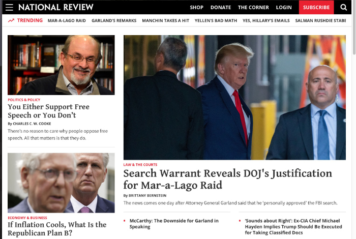 The National Review's lead headline is 'Search Warrant Reveals DoJ's Justification for Mar-a-Lago Raid