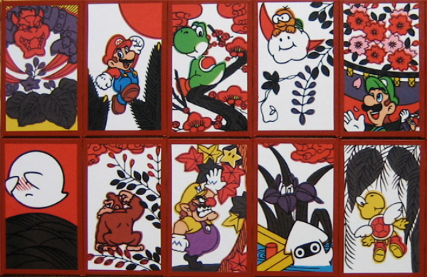 Some very ornate and flowery
playing cards, heavy on red shades, without numbers or suits, but with lots of Super Mario characters