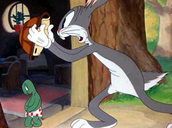 A Bugs Bunny cartoon with a turtle who has lost
its shell, is only wearing boxer shorts, and is modestly trying to cover itself