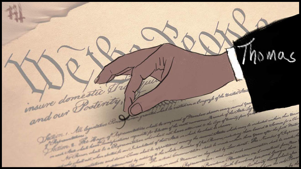 Clarence Thomas' hand dropping 
a pubic hair on the Constitution