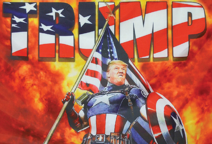 Trump's head superimposed onto
Captain America's body, with a giant TRUMP behind