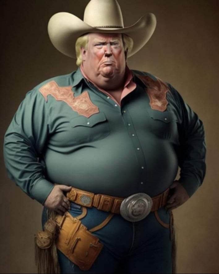 Trump dressed as a cowboy, but very fat, so 
all of his clothes are bulging.