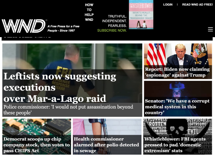 WND's lead story is about how liberals are calling for executions in response to the Mar-a-Lago raid