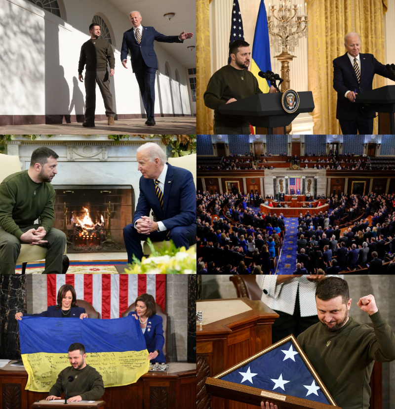 Zelenskyy walks with
Biden, press conferences with Biden, meets with Biden, speaks to Congress, unfurls a Ukrainian flag and 
receives an American flag.