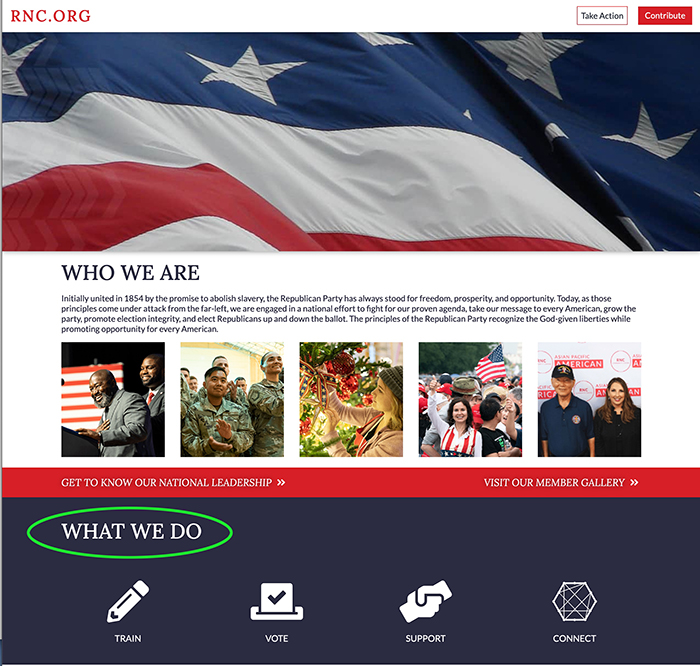RNC home page; it has a big header that
says 'what we do' and has buttons you can click on under that, like 'train,' 'support,' and 'connect.'