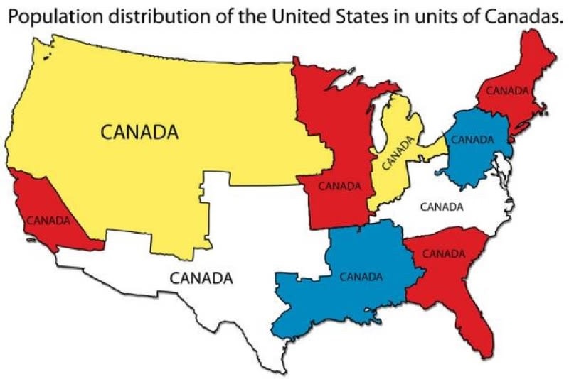 The U.S. broken up into pieces
with populations roughly equal to that of Canada. So, for example, Florida plus Georgia plus South Carolina is equal to 
one Canada. The regions are colored White, Red, Blue and Yellow.