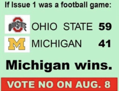It's a scoreboard-style graphic
that says 'Imagine if Issue 1 was a football game' and then has Ohio State losing despite outscoring Michigan 59-41
