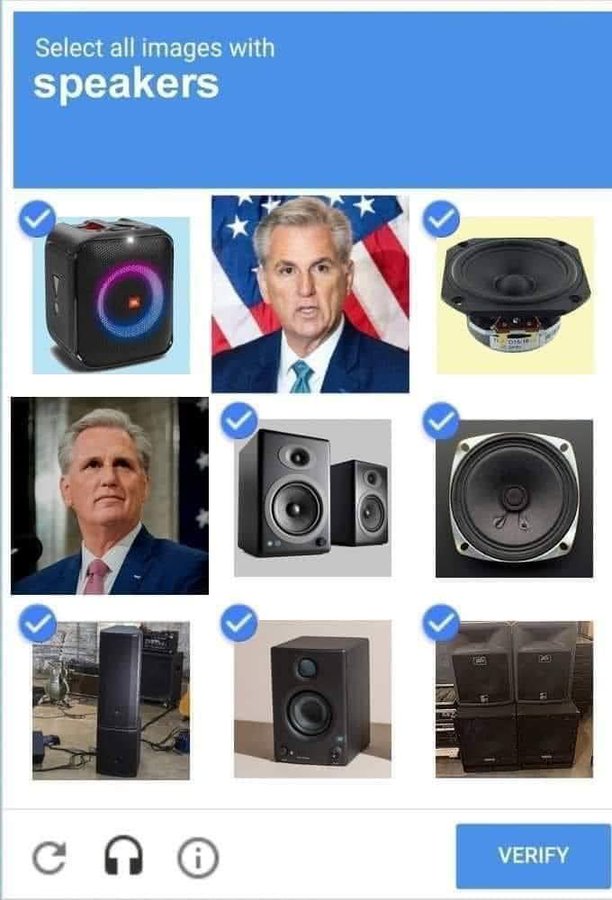 It's one of those things used to verify
that you're a human at a website, and says 'click on the pictures that have a speaker.' The seven pictures of actual, sound-producing
speakers, are checked. The two McCarthy pictures are not.