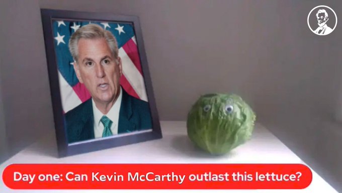 A picture of McCarthy next to a head of lettuce