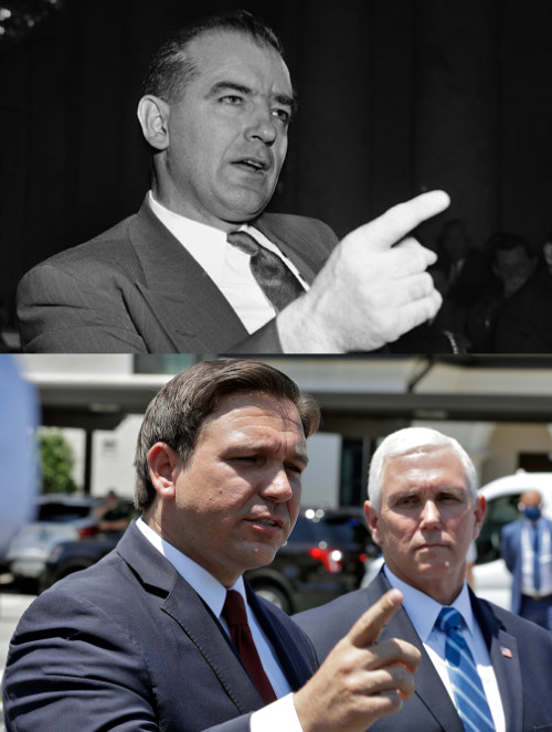 McCarthy pointing at someone
and DeSantis pointing at someone; they are both rather swarthy and seem to have a perpetual squint