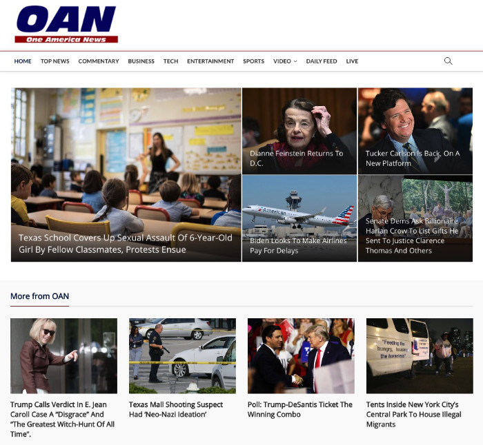 OAN has Trump as the sixth story; above it are items about Dianne
Feinstein, Tucker Carlson and Harlan Crow, among others