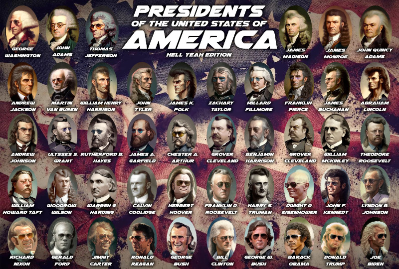 It's all the presidents,
from Washington through Biden, with sunglasses and mullet-style haircuts