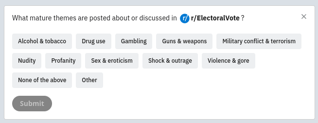 A popup asks what
adult themes appear on the site, and suggests, among other possibilities, sex, profanity, violence, 
alcohol, and gore