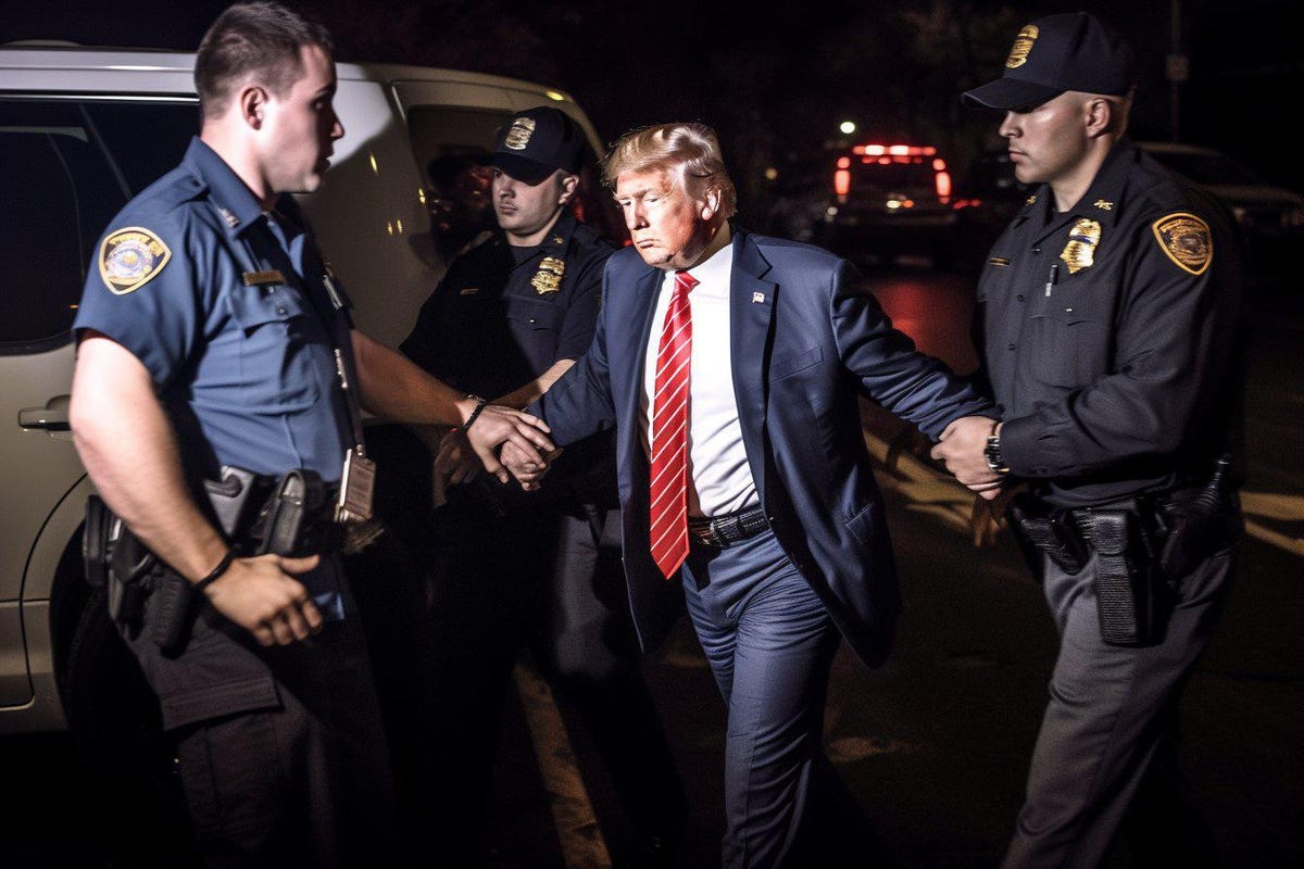 Three police officers arrest Donald Trump