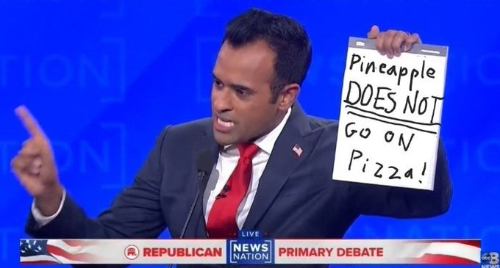 A screen shot of Ramaswamy with his notepad has been altered, so that the notepad says 'Pineapple does not go on pizza'