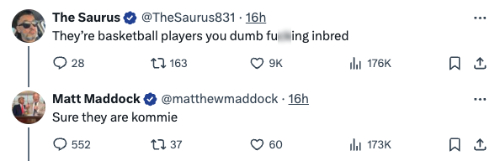 Someone tweeted 'They're basketball players you dumb fu**ing inbred'
and Maddock responded 'Sure they are kommie'