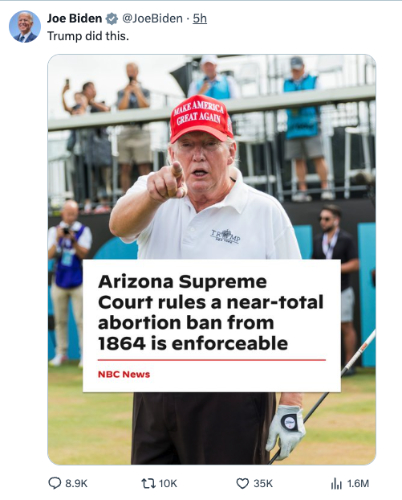 A very-old-looking Trump wearing a MAGA hat and playing
golf, an overlay of the headline about the Arizona decision from NBC News, and the comment 'Trump did this'