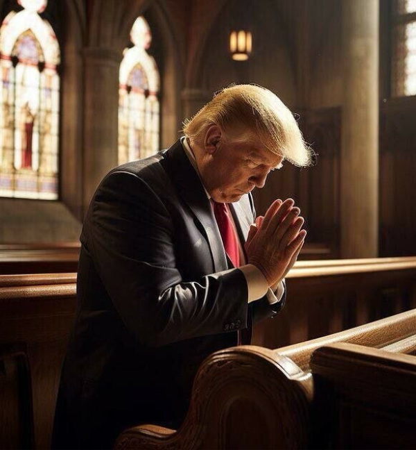 Trump kneeling and praying in what appears to be a cathedral of some sort