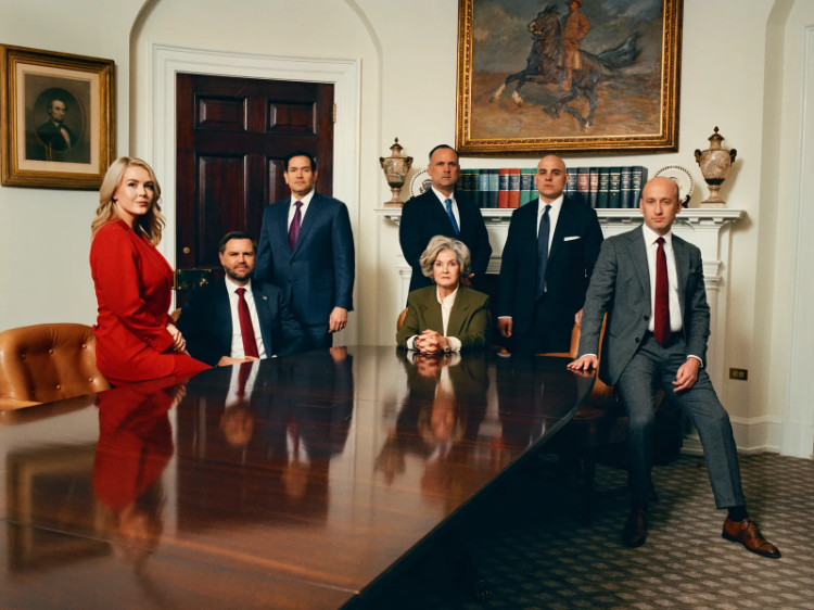 Karoline Leavitt, J.D. Vance,
Marco Rubio, Dan Scavino, James Blair and Stephen Miller all sit in a room of the White House, at a highly polished
oak table, looking at the camera, stonefaced