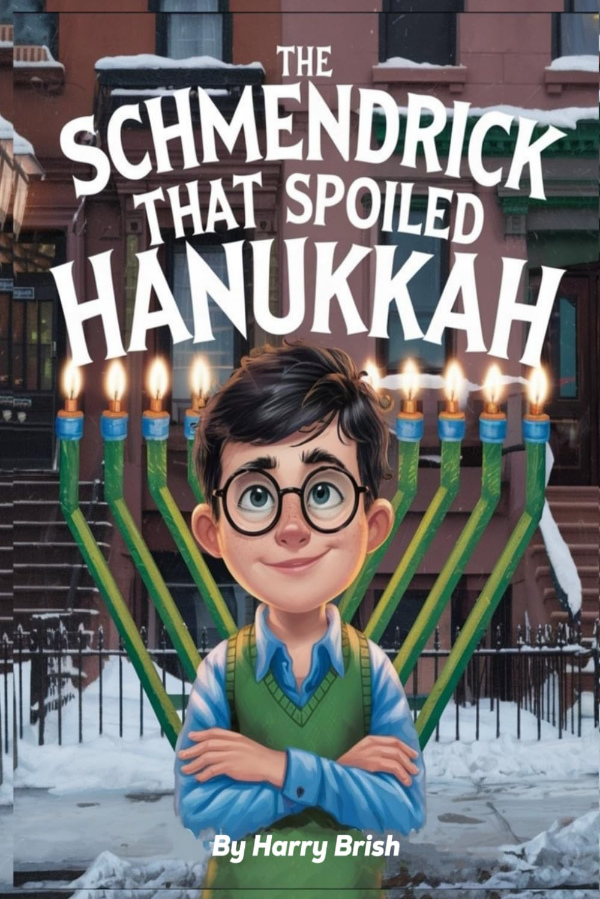 A cartoonish drawing
of a nerdy guy standing in front of a menorah; the book has the title 'The Schmendrick That Spoiled Hanukkah'