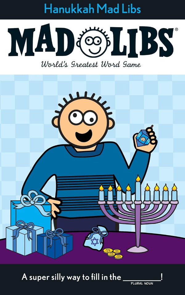 A simple and
cartoonish drawing of a guy with crazy eyes; the 'book' is Hanukkah-themed Mad Libs