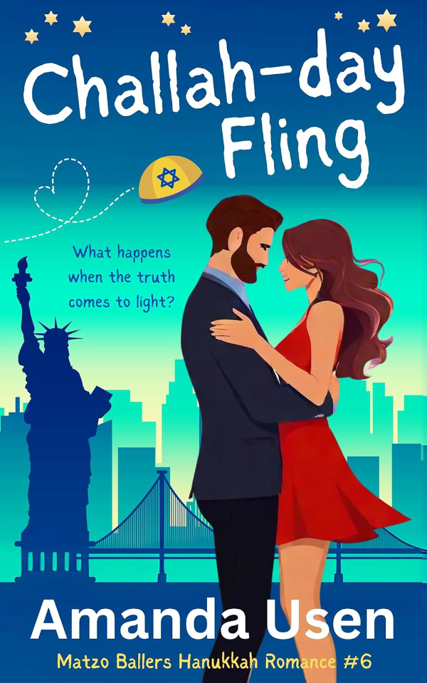 The book
has a green and blue background with silhouettes of iconic New York landmarks, while in the foreground is a fairly simple
computerized drawing of a couple in an embrace. A yarmulke flies through the air, presumably toward the man's head.
The title is 'Challah-day Fling,' and the tagline is 'What happens when the truth comes to light?' This is also 
identified as 'Matzo Ballers Hanukkah Romance #6'
