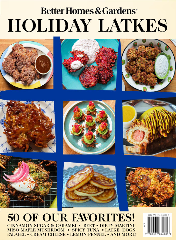 The book
has a tic-tac-toe-style design on it, and in each square is a picture of latkes. The title is 'Better Homes and Gardens
Latke Recipes: 100 All-Time Favorites.'